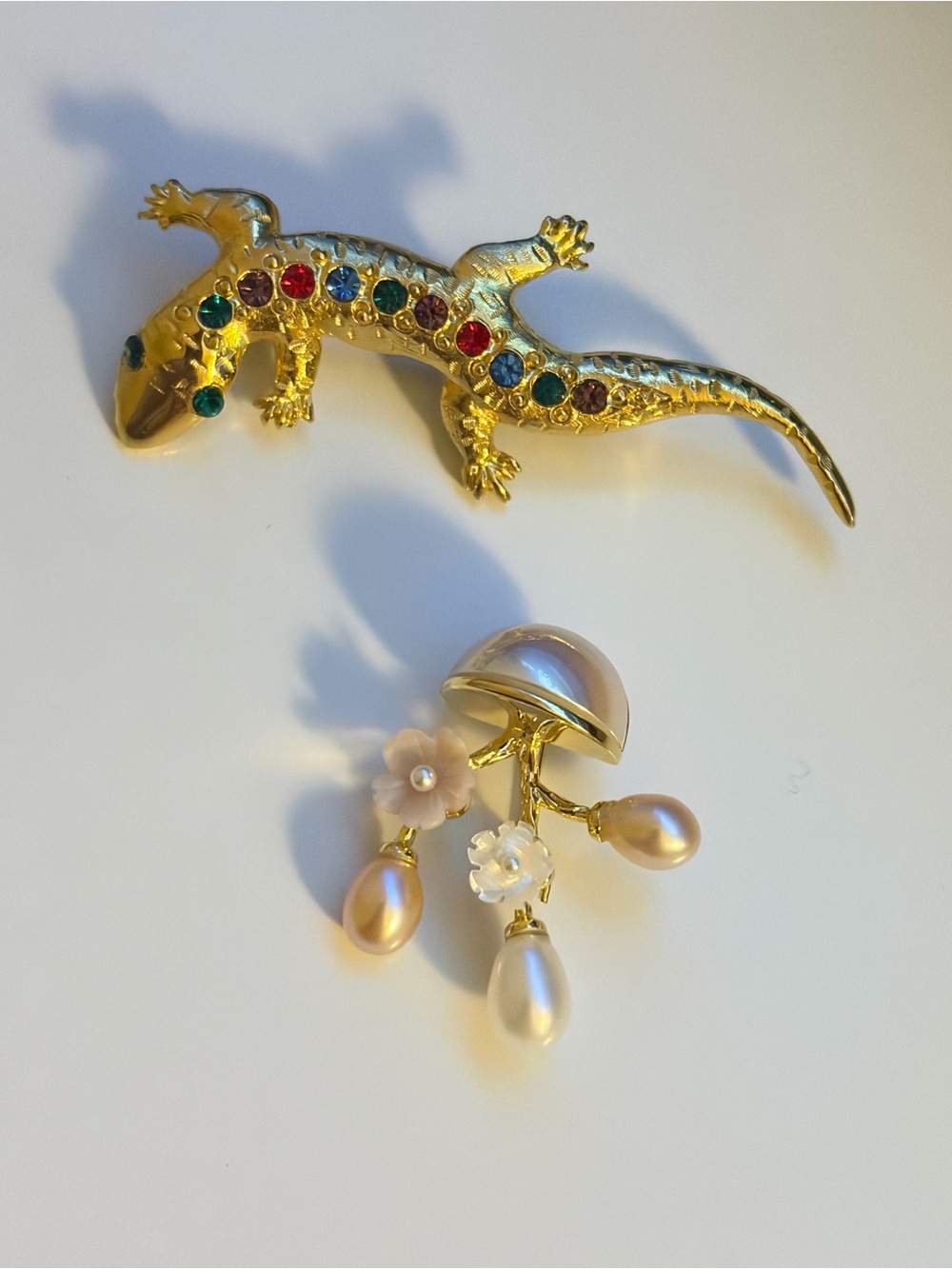 Gold Lizard Brooch with Multicolor Gem Accents